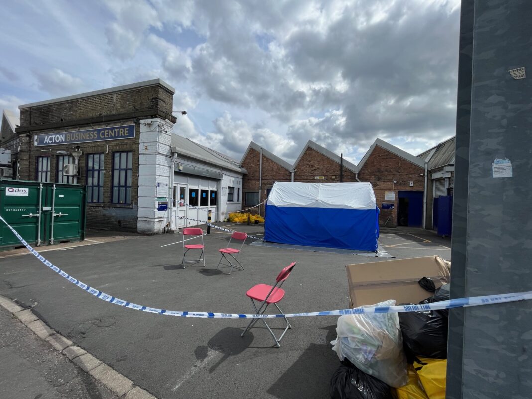 Active Crime Scene at Acton Business Centre cordoned off by police