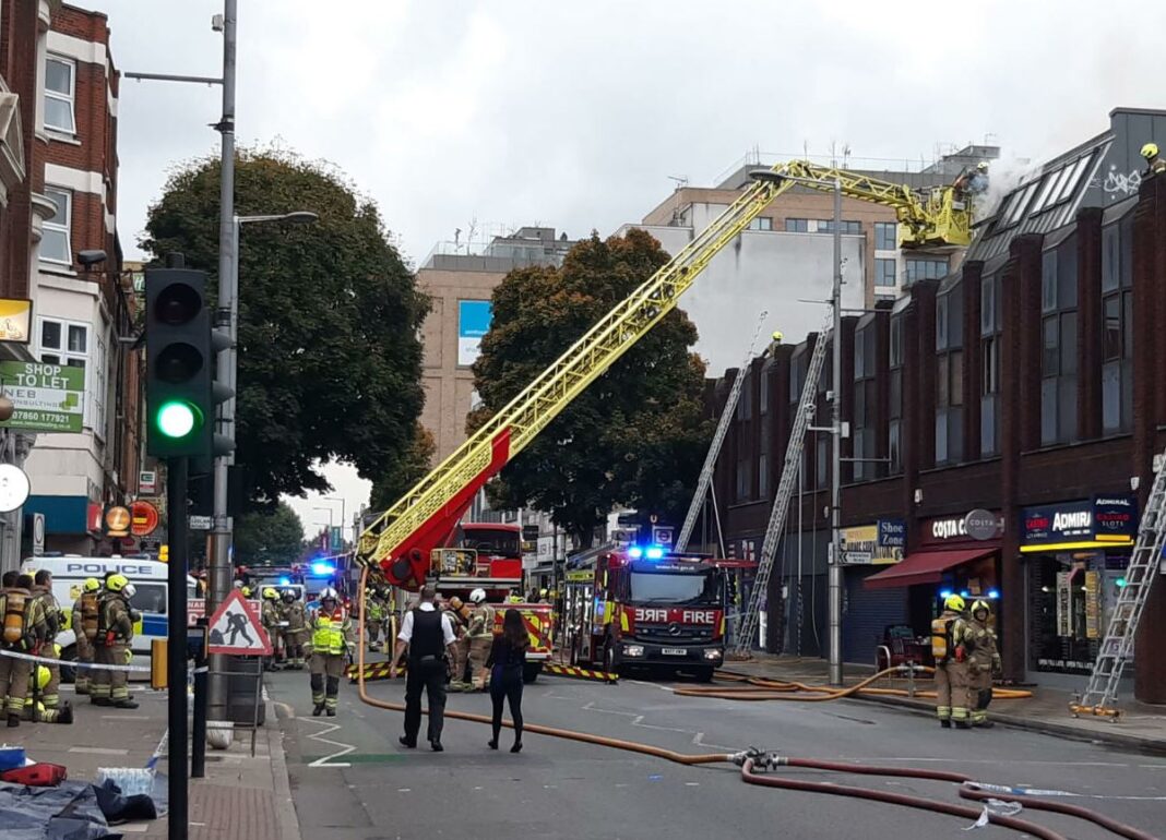 London Fire Brigade at scene of fire above Costa Coffee in West Ealing