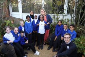Viking Primary Pupils with their Headteacher, Miss Amie Norris, and garden designer, Jamie Butterworth, in the Place2Be Securing Tomorrow Garden