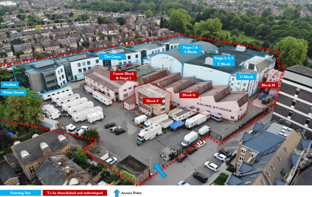 Map of new Ealing Studios. Blue marked buildings stay and red marked buildings will be replaced 