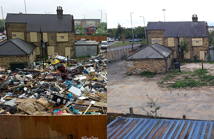 Site of former White Hart pub in Northolt fly-tipped before and after