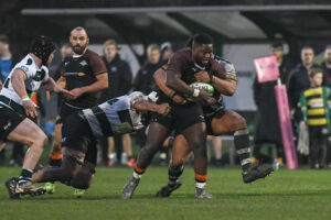 Simon Uzokwe of Ealing Trailfinders during the Championship Cup match between Nottingham Rugby and Ealing Trailfinders at The Bay, Nottingham. Photo by Tom Pearson / PRiME Media Images