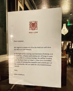 The Red Lion closing notice from Edin and Barbara