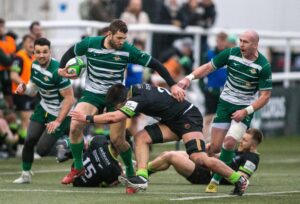 Jonah Holmes of Ealing Trailfinders during the Championship Cup Pool A match between Ealing Trailfinders and Nottingham Rugby at Trailfinders Sports Ground, Vallis Way, West Ealing, England on 11 February 2023. Photo by Steve Ball.