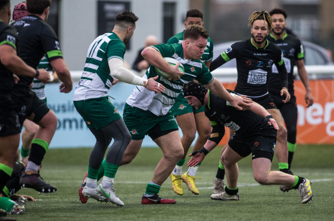 Kyle Whyte of Ealing Trailfinders during the Championship Cup Pool A match between Ealing Trailfinders and Nottingham Rugby at Trailfinders Sports Ground, Vallis Way, West Ealing, England on 11 February 2023. Photo by Steve Ball.