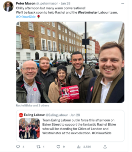 Peter Mason out on Saturday in Westminster for Labour canvessing in 2023