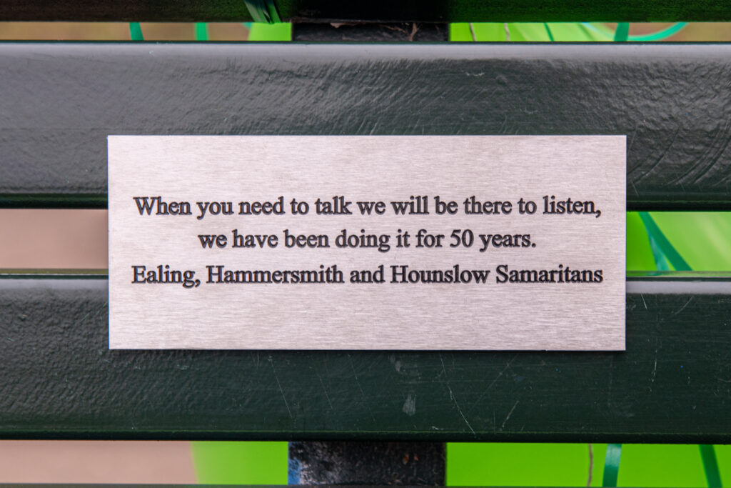 Plaque on new Ealing Hammersmith & Hounslow Samaritans bench in Lamas Park