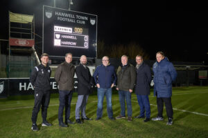 Photo by: Simon Jacobs Latimer sponsor a match between Hanwell Town FC and Harrow. From left: Harry Rush, team captain James Hare, Land Director Dave Lee, Director of Digital Design John Curran, Latimer resident Mark Williams, Director of Technology, Paul Walker, National Sales Director and club manager Chris Moore.