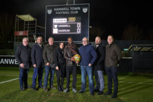 Photo by : Simon Jacobs Latimer Homes sponsor a match between Hanwell Town FC and Harrow. From left: Richard Cook, Director of Development Paul Walker, National Sales Director Mark Williams Director of Technology Latimer residents Anibal Furtado, Maite Amat and John Curran, Dave Lee, Director of Digital Design and James Hare, Land Director