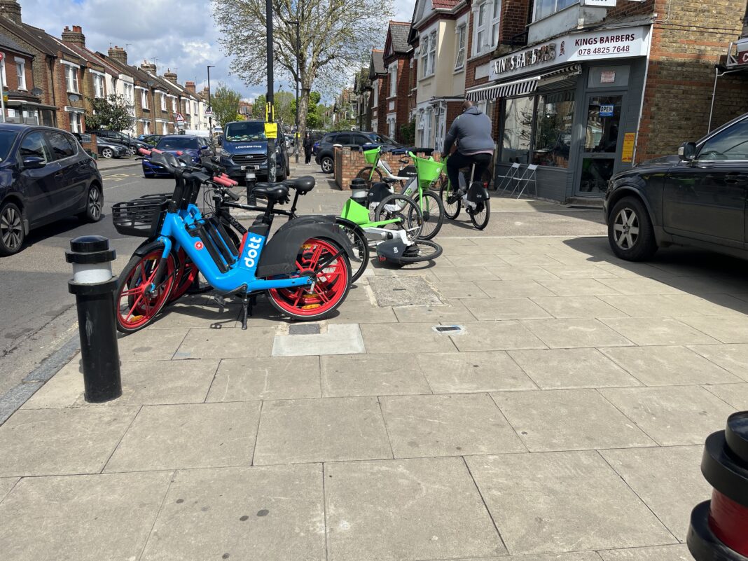 Dott and Lime ebikes blocking pavement in Hanwell
