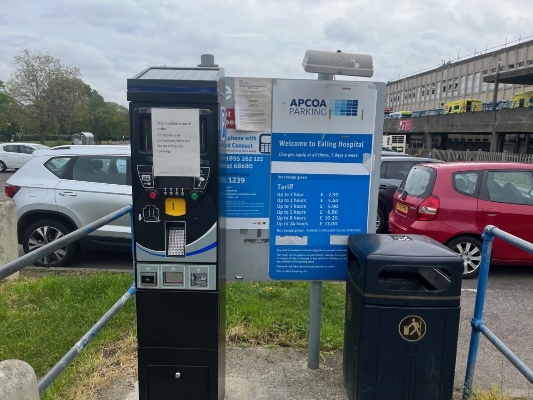 Pay and display machine out of service at Ealing Hospital visitors car park