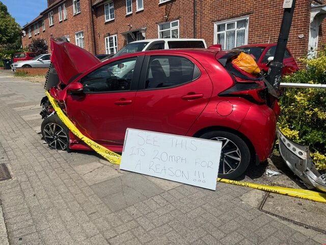 Speeding out of control Subaru crashes into stationary car on Greenford Avenue in Hanwell. Photo: EALING.NEWS