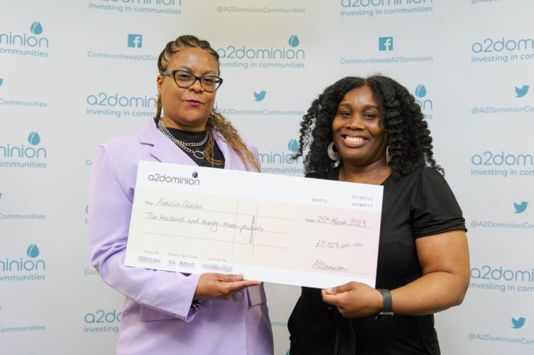 Northolt resident Amelia Charles with Coretta Scott after securing £2,023 in funding from A2Dominion for her business start-up