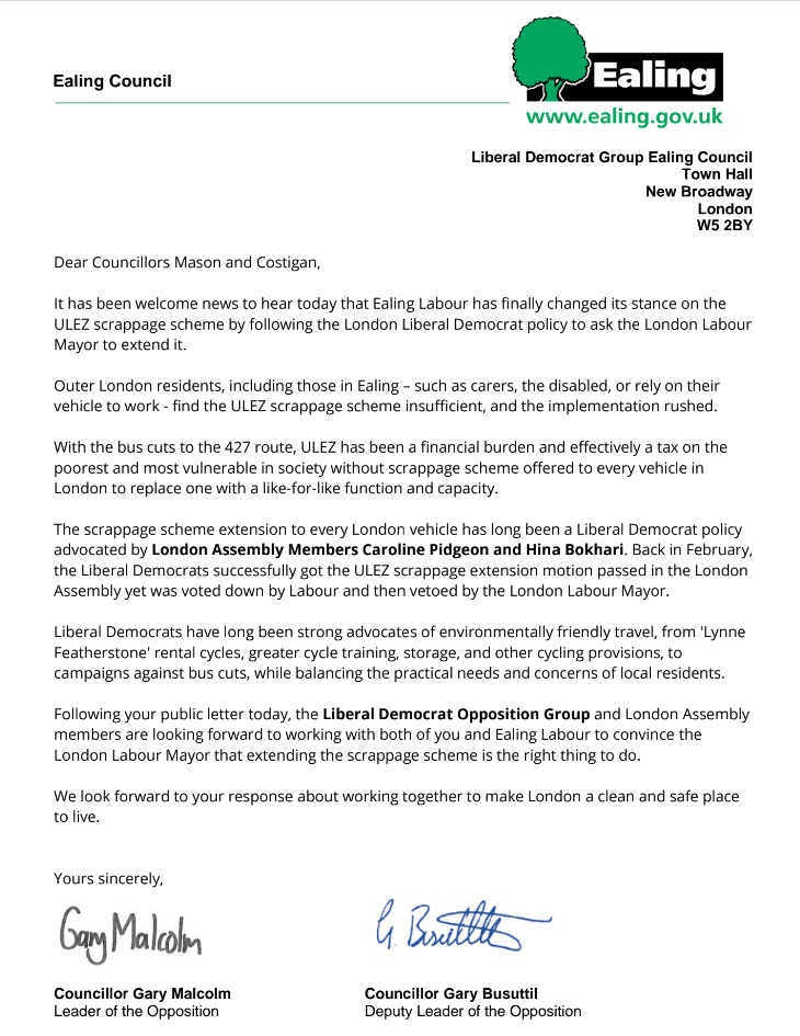 Ealing Liberal Democrats letter to Ealing Council