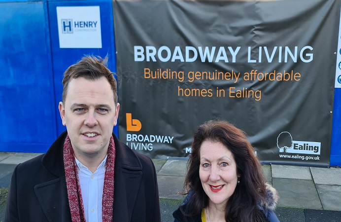 Ealing Council leader Councillor Peter Mason and Councillor Lauren Wall outside Henry Construction site 