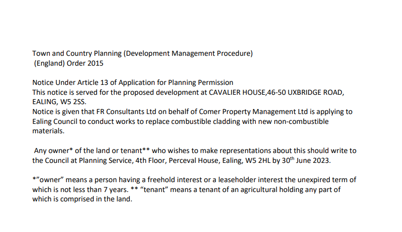 Planning Application Notice for the proposed development at CAVALIER HOUSE, 46-50 UXBRIDGE ROAD, EALING, W5 2SS