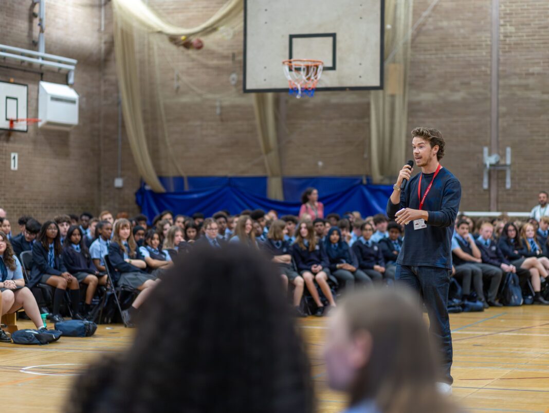 Will Poulter speaks to students at Chiswick School in his role as ambassador for Hammersmith, Fulham, Ealing and Hounslow Mind. Photo: HFEH Mind