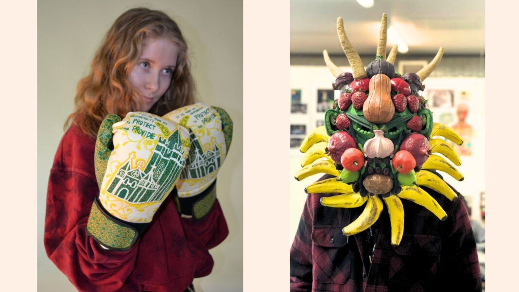A model wears the boxing gloves by Jack Kennedy and a model wears Om Majithia's Helmet