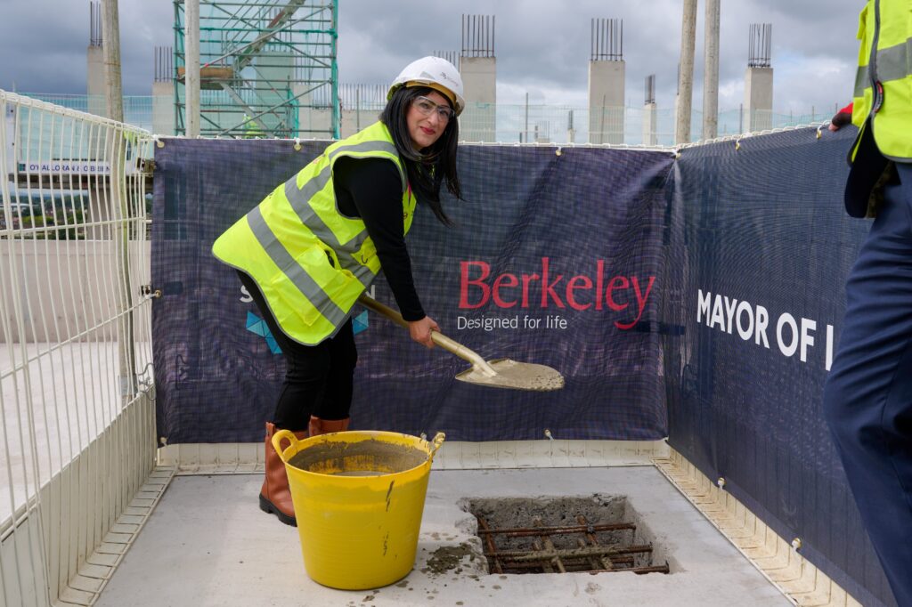 Southall West Councillor Surinder Jassal at topping out ceremony for Rosemary House at The Green Quarter. Photo: Berkeley Group