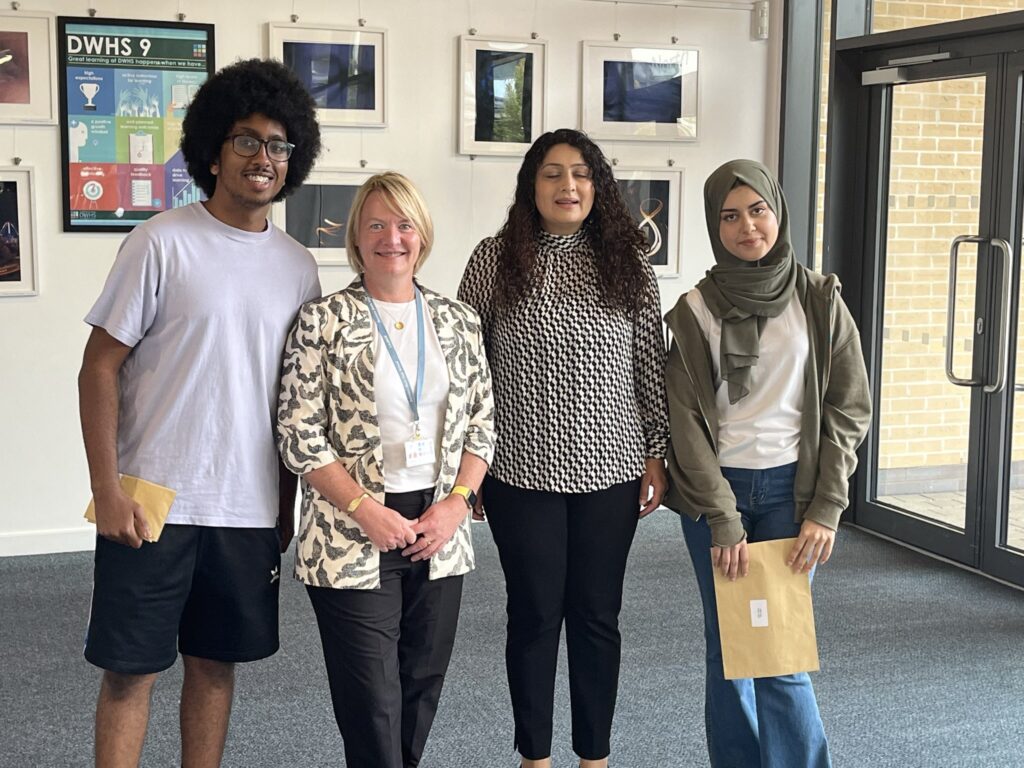 Yahya (left) is to study at Harvard and Zahra (right) to study at Cambridge with Dormers Wells High School headteacher Roisin Walksh and Councillor Kamaljit Nagpal