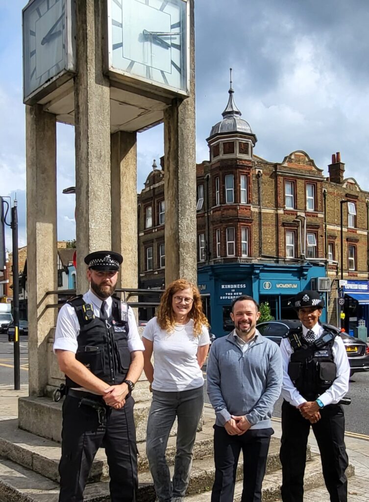 Councillor Connie Hersch, Liberal Democrat Opposition Spokesperson for Policing and Councillor Gary Malcolm, Leader of the Opposition with police in Hanwell