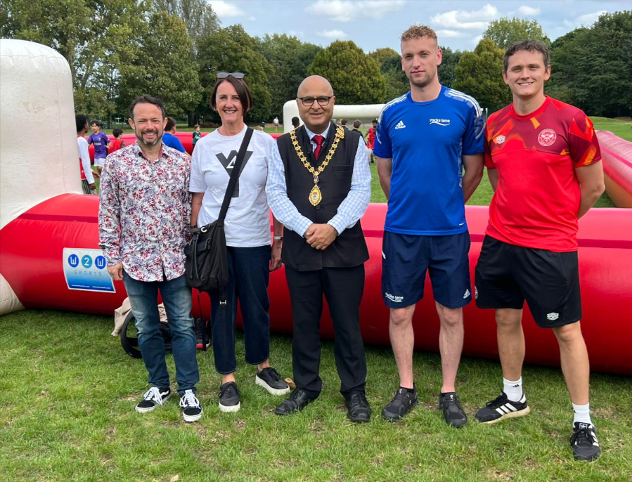 Sally Chacatté, founder of W4 Youth; Gary Malcolm, Councillor and W4 Youth Trustee; Mayor of Ealing, Hitesh Tailor; Peter Shaw, Rocks Lane Sports Trust and Graham Goodden Brentford FC Community Sports Trust