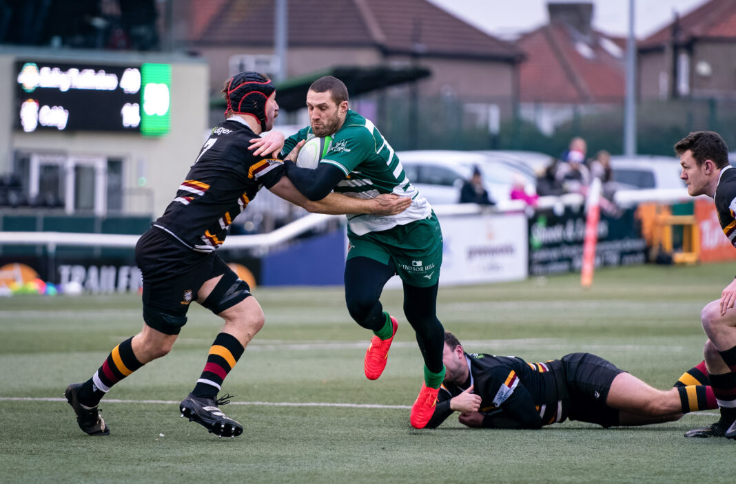 Jonah Holmes of Ealing Trailfinders during the RFU Championship match between Ealing Trailfinders and Caldy RFC at Trailfinders Sports Ground. Photo by Liam McAvoy.