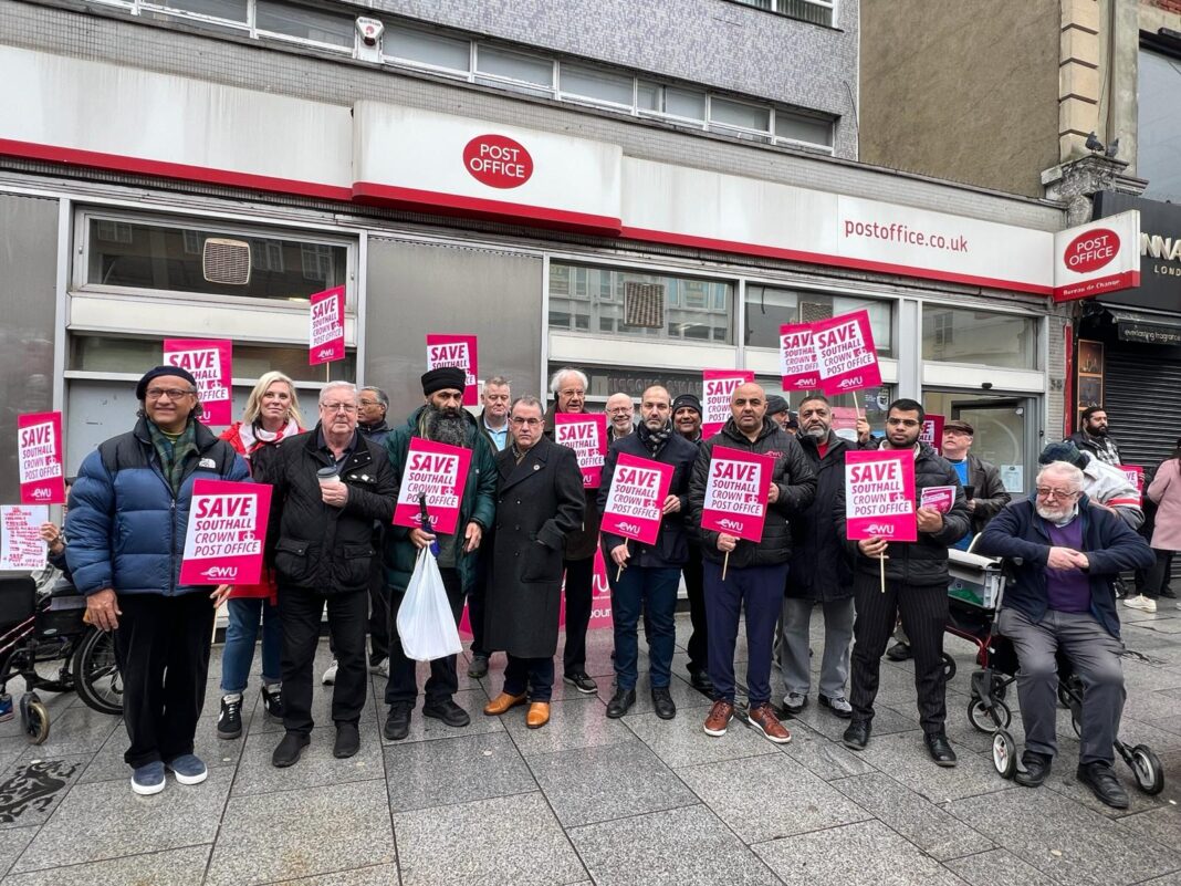 Locals and politicians outside Southall Broadway Post Office. Photo: x.com/ @CWU_Huw