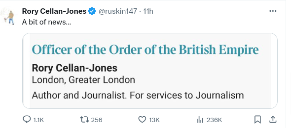 Rory Cellan-Jones announces his OBE on X