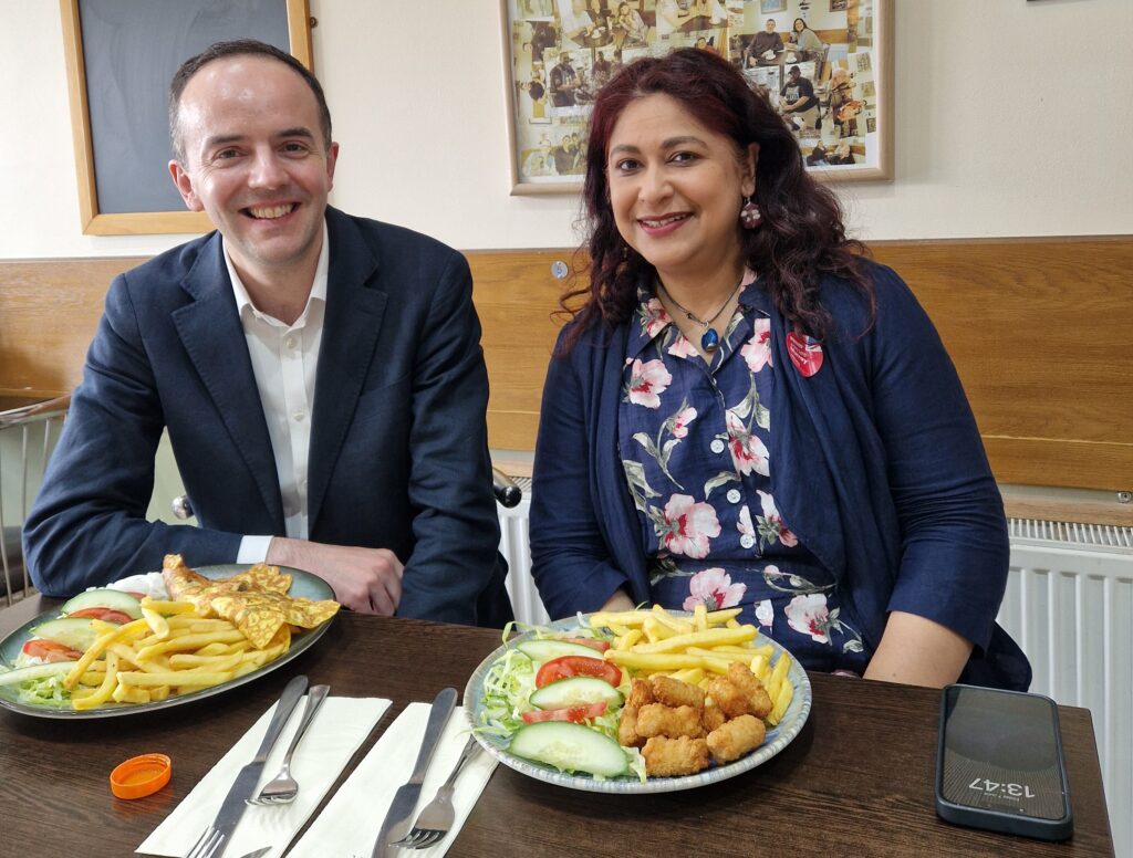 James Murray and Councillor Aysha Raza in Big Boys Cafe. Photo: Ealing Labour