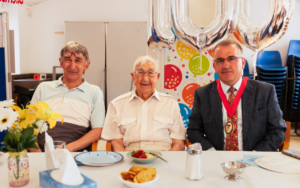 (L-R) Malcolm Hatfield, Charlie Hatfield and Councillor Anthony Kelly. Photo: Age UK Ealing