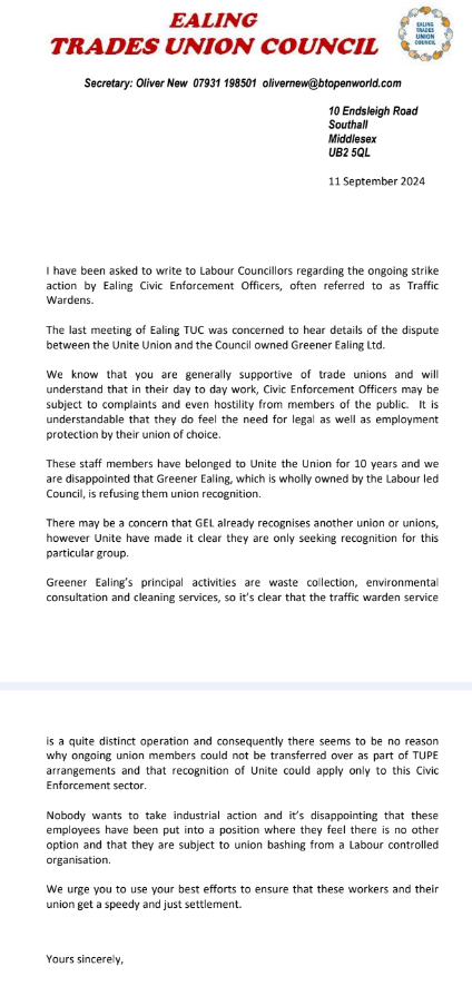 Letter to Ealing Labour councillors