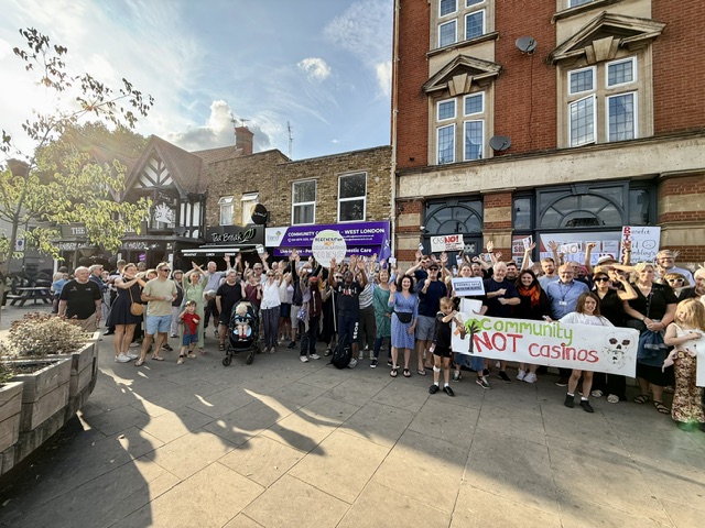 Rally against proposed 24/7 gambling premises in Hanwell. Photo: Dominic Kirkbride