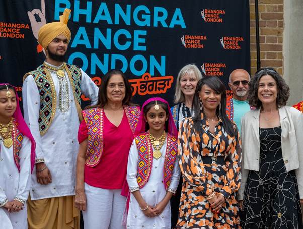 Bhangra dancers at Pitzhanger Manor South Asian Heritage event with Ealing Southall MP Deirdre Costigan MP (front row, right) and Dr Debbie Weekes-Bernard, London's Deputy Mayor for communities and social justice (second from right). Photo: Roger Green